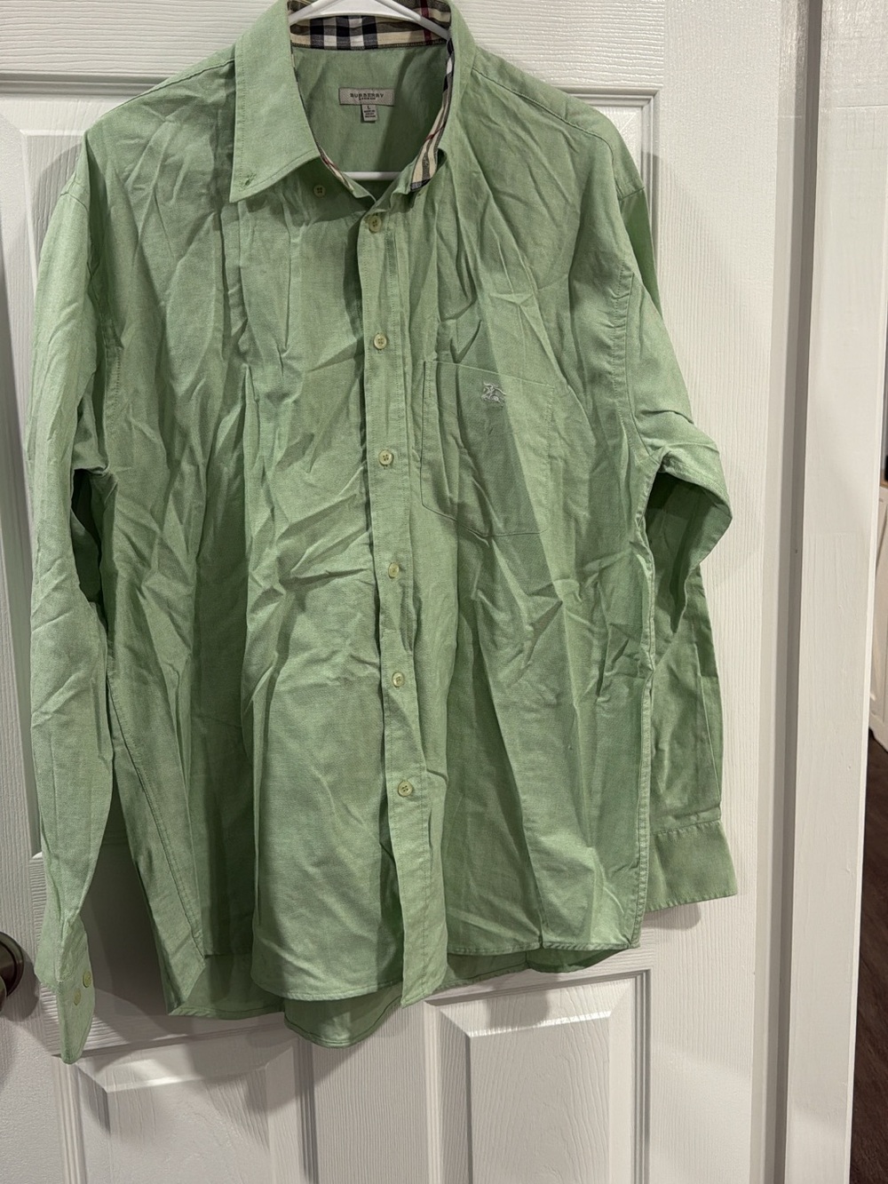 Burberry Mint Green Button-Down Shirt with Check Trim